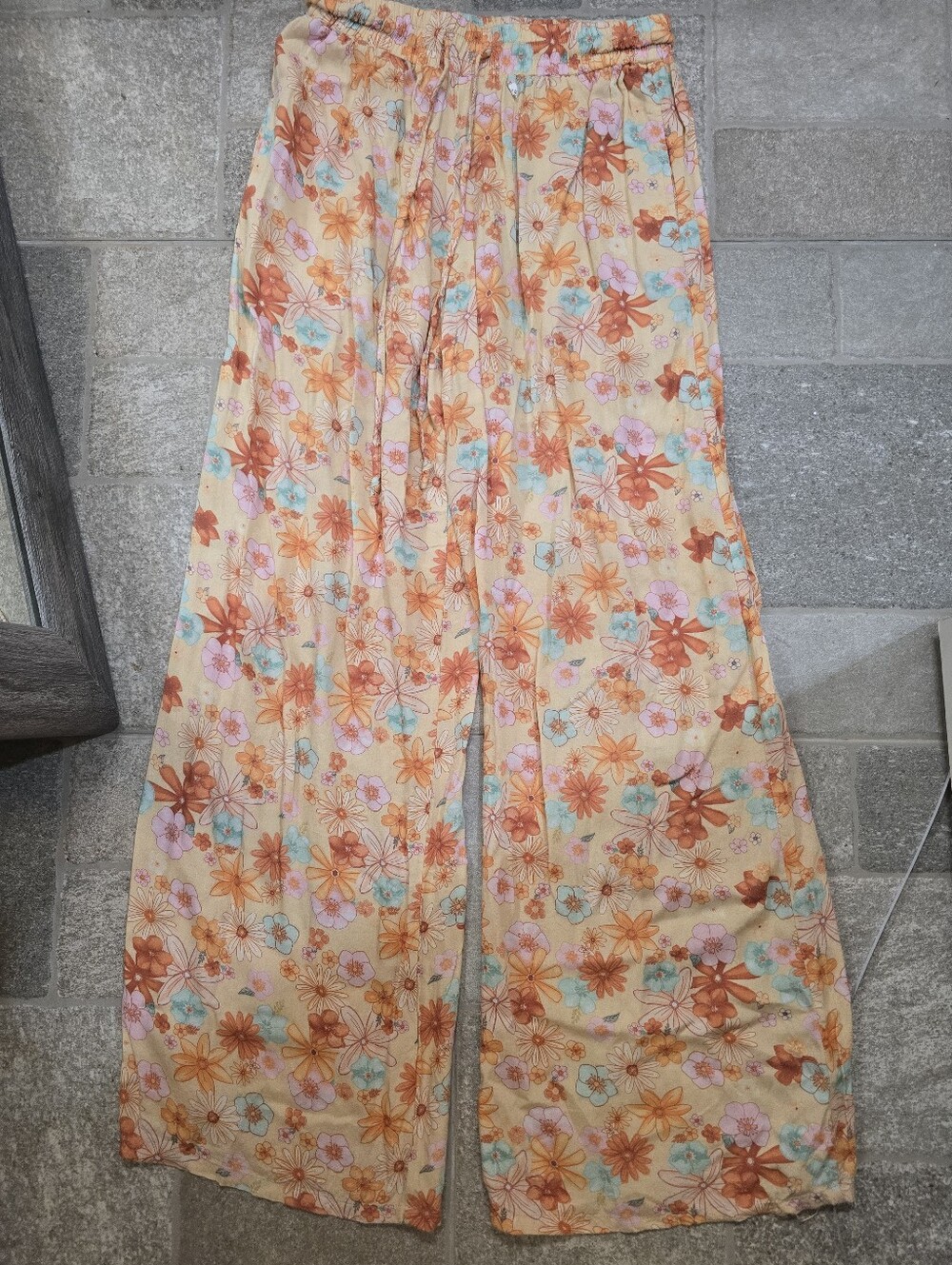 Lotus And Luna Handmade Floral Wide-Leg Lounge Pants Peach Orange Summer Boho S - Picture 3 of 12